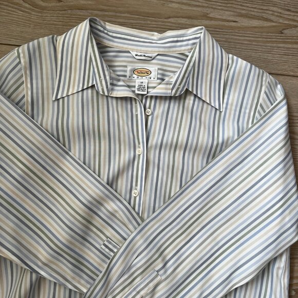 ✨Talbots 100% Cotton Striped Button-Down Shirt 12 | Sage/Blue/Oat Classi… - Picture 3 of 11